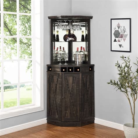gramercy way corner bar unit with two glass shelves built in wine rack and lower cabinet