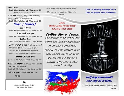 Haitian Sensation Coffee Shop Menu In Sharon Pennsylvania