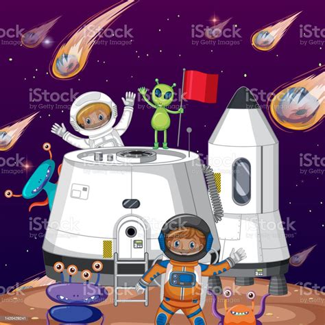 Outer Space Planet With Astronauts And Comets Stock Illustration