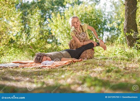 Master Massage Therapist Thuroughly Massages A Girl In The Daylight Stock Image Image Of