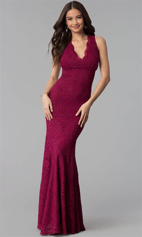 V Neck Wine Red Lace Long Prom Dress Promgirl