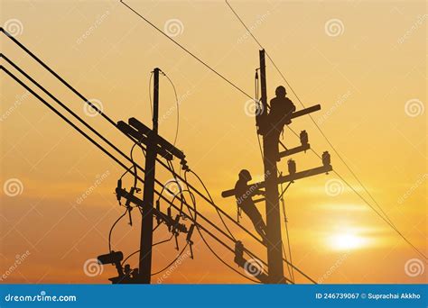 Silhouette Electrician Working On High Voltage Stock Image Image Of