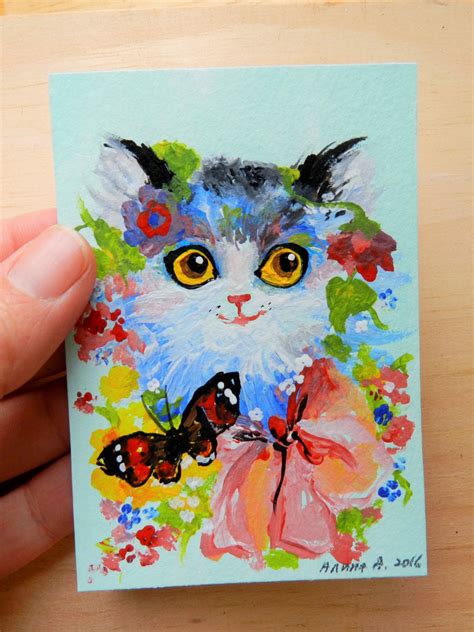 Aceo Aceo Original Artist Trading Card Mini Art Cat