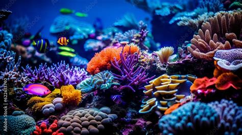 Colorful Tropical Coral Reef With Fish Vivid Multicolored Corals In