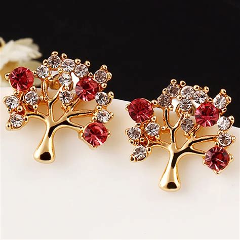 Tree Shape Stud Earrings Red Purple Color Clear Crystal Cubic Zirconia