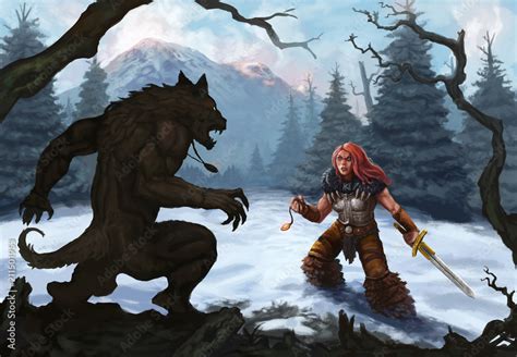 Werewolf And Warrior In A Snow Covered Mountain Landscape Ready To