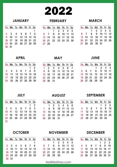 2022 Calendar Printable Free Green Sunday Start