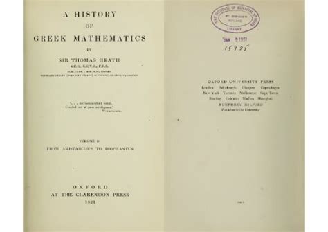 A History Of Greek Mathematics Volii From Aristarchus To Diophantus By
