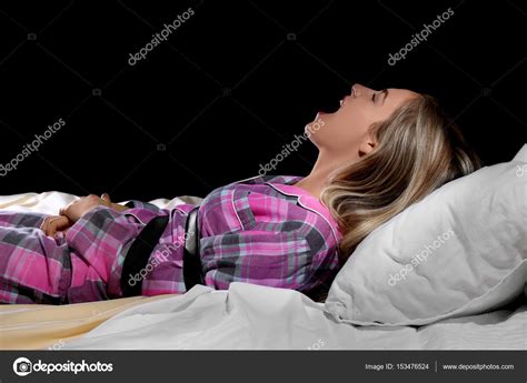 Screaming Girl Tied With Belt In Bed Sleep Paralysis Concept
