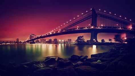 Download Light Night Bay Water Bridge New York Man Made Manhattan