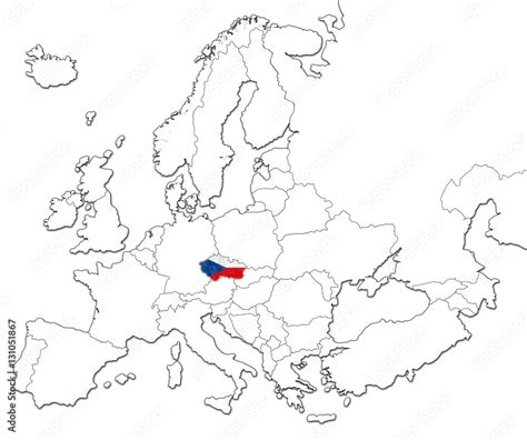 The National Czech Republic Flag In The Map Of Europe Isolated On White