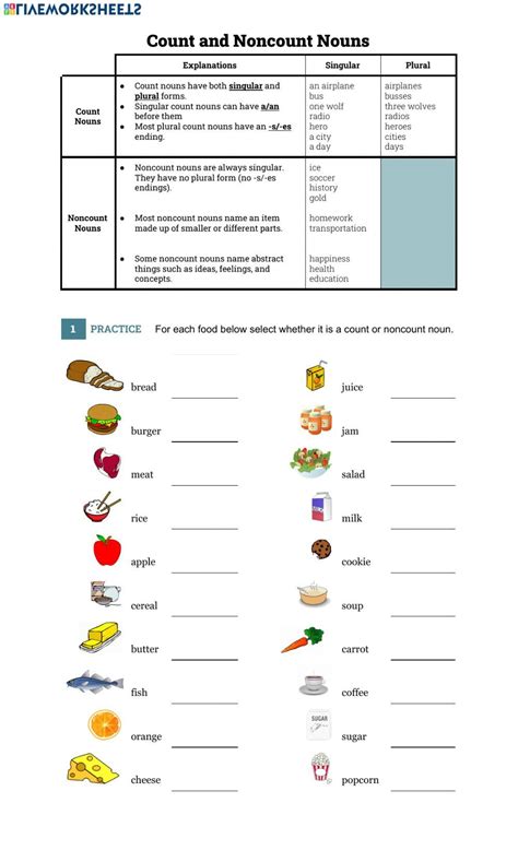 Count And Noncount Nouns Interactive Worksheet Nouns Worksheet