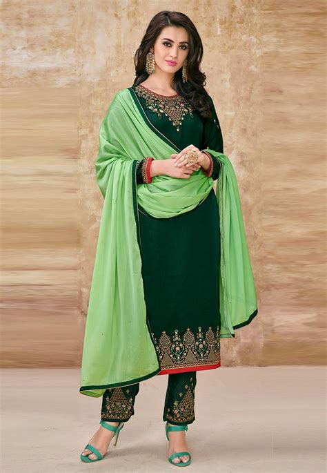 Buy Green Satin Embroidered Pant Style Suit 166375 Online At Lowest