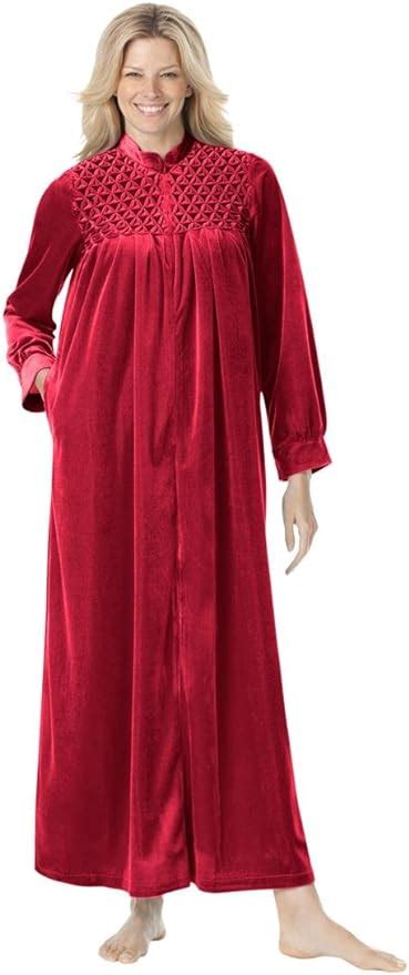 Only Necessities Womens Plus Size Smocked Velour Long Robe Classic Red1x Clothing