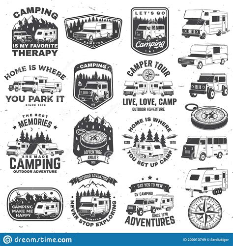 Set Of Rv Camping Badges Patches Vector Concept For Shirt Or Logo