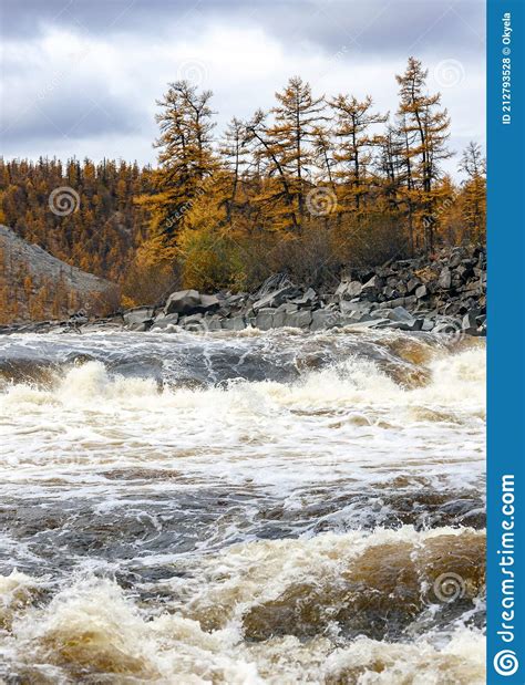 Rough Water Flow Between The Rocky Shores On The Siberian River In