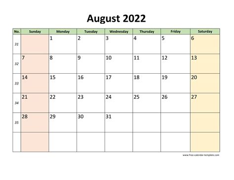 August 2022 Calendar Printable With Coloring On Weekend Horizontal