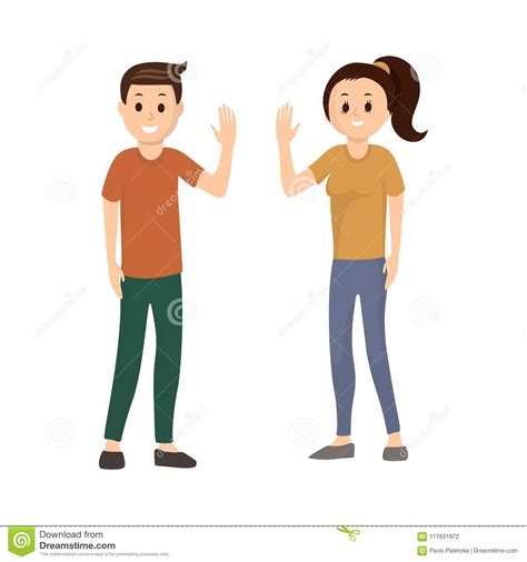 Cartoon Boy And Girl Waving Hand Vector Illustration