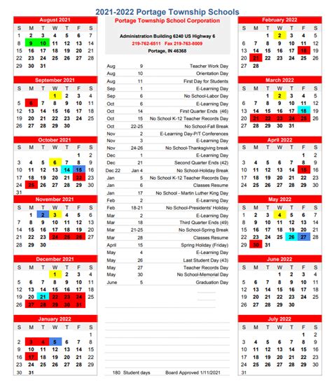 Portage Township Schools Calendar 2021 2022 Pdf