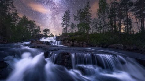 Starry Night Sky Over Cascading Waterfalls Image Id 358442 Image Abyss