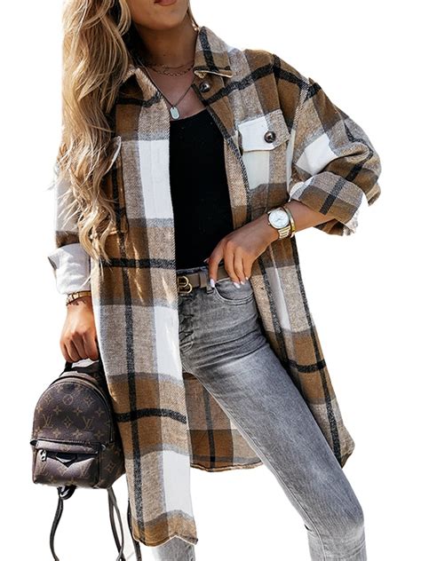 Ukap Long Sleeve Flannel Shacket Jacket For Womens Vintage Plaid Long Shirts Coats Winter Warm