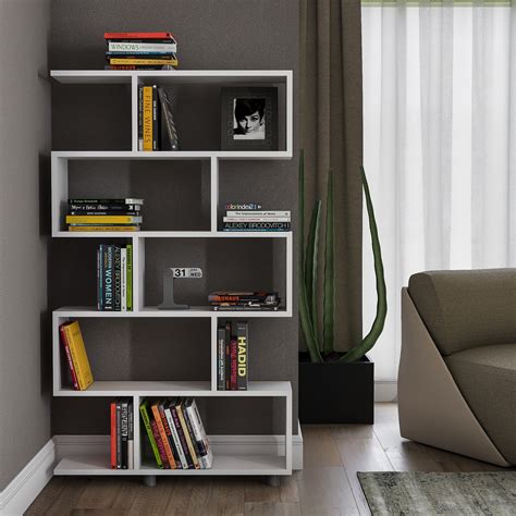 Modern Geometric Bookcase Bookshelf With 10 Shelves White Finish