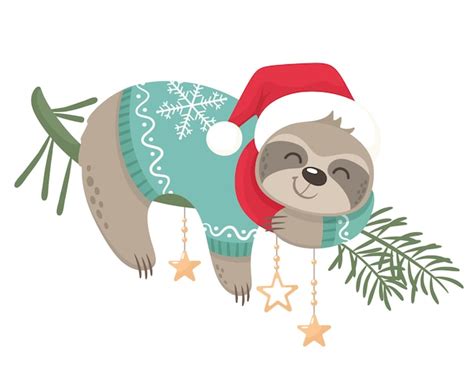 Premium Vector Cute Doodle Sloth For Christmas Day With Watercolor