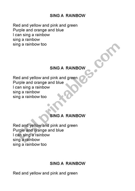 Sing A Rainbow Lyrics Esl Worksheet By Manuellebr