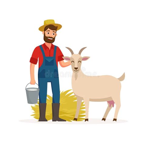 Farmer With Goat And Bucket With Goat Milk And Hay Farming Concept