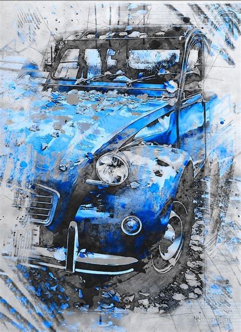 An Old Blue Car Is Shown In This Artistic Painting It Appears To Have