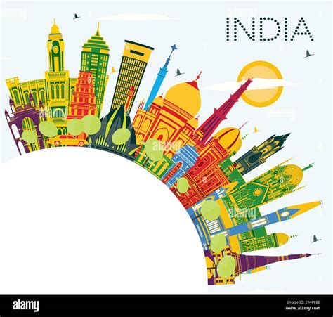 India City Skyline With Color Buildings Blue Sky And Copy Space Delhi