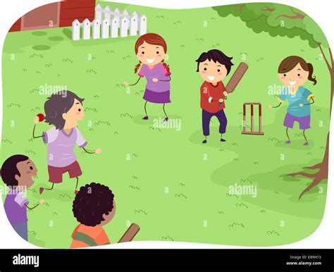 Illustration Featuring Kids Playing Cricket Stock Photo Alamy