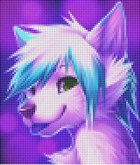 A Pixellated Image Of A Cat With Blue Hair And Green Eyes In Front Of