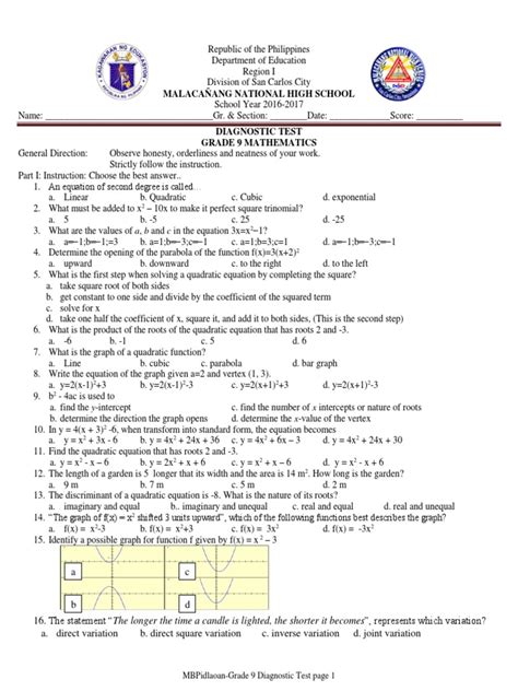 Malacañang National High School Mbpidlaoan Grade 9 Diagnostic Test