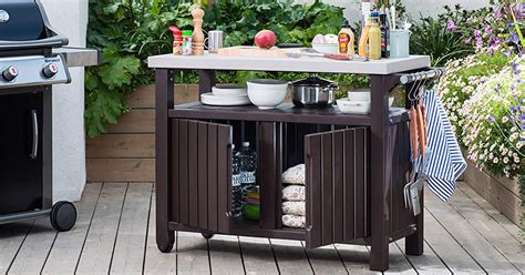 Keter Unity Xl Portable Outdoor Table And Storage Cabinet With Hooks For Grill Accessories