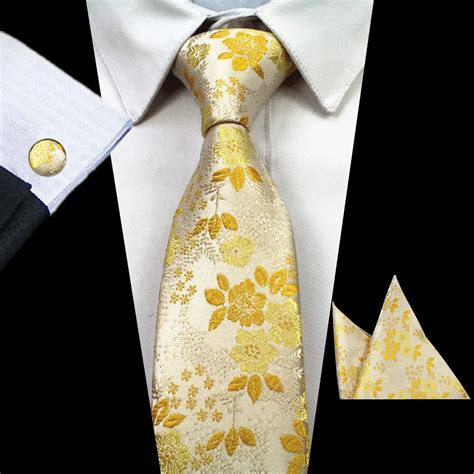 Men Tie Hanky Cufflinks Set Fashion Yellow Dot Floral Tie Silk Neckties