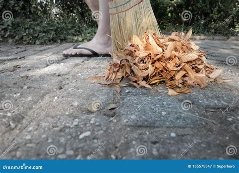 Person Sweeping Dry Leaves With A Broom In The Garden Stock Image