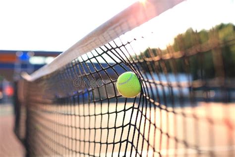 Bright Greenish Yellow Tennis Ball Hitting The Net Stock Photo Image