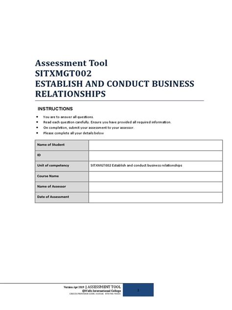 Assessment Tool Sitxmgt002 Establish And Conduct Business Relationships