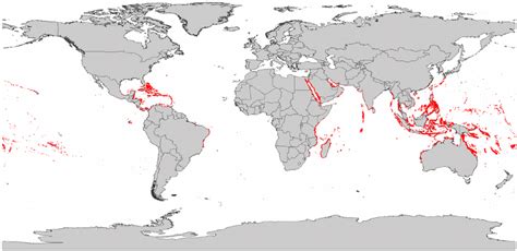 Map Of Global Coral Reef Distribution Coral Reefs Are Outlined In Red