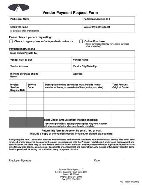 Vendor Payment Request Form Acumen Fiscal Agent Fill And Sign