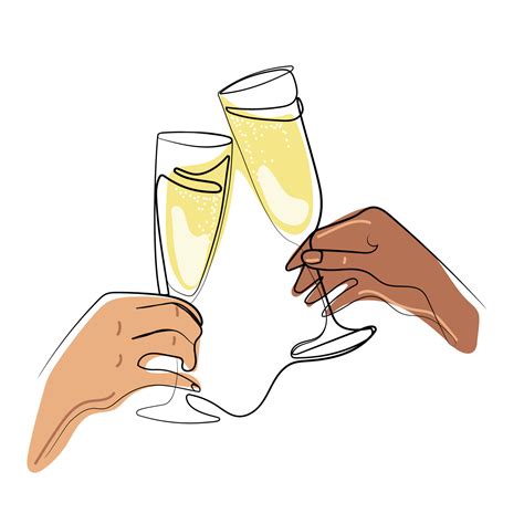 One Line Champagne Glasses Clinktwo Hands Cheering With Glasses Of