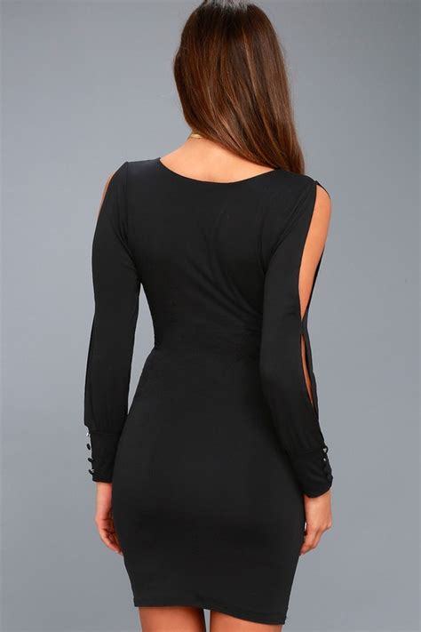 Sexy Black Long Sleeve Dress Cold Shoulder Bodycon Dress