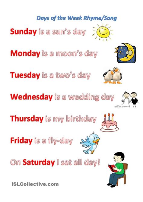 Days Of The Week Rhymesong English Poems For Kids Classroom Songs