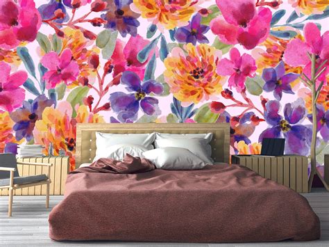Colorful Floral Wallpaper Flowers Watercolor Self Adhesive Etsy