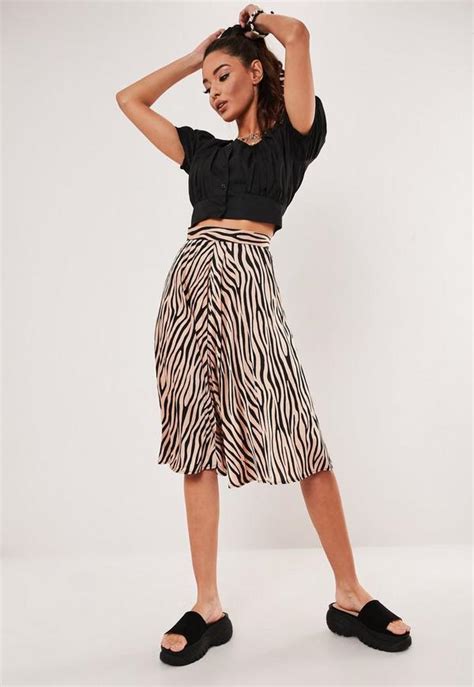 Petite Brown Tiger Print Satin Pleated Midi Skirt Missguided