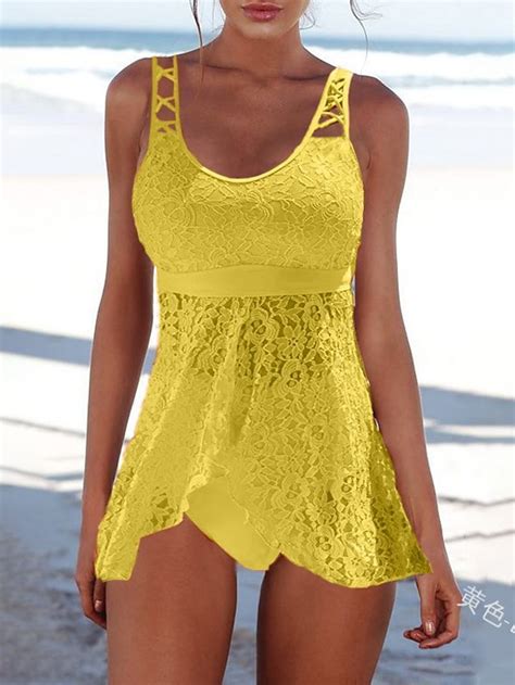 Womens Swimwear Tankini Normal Swimsuit Slim Solid Colored Yellow