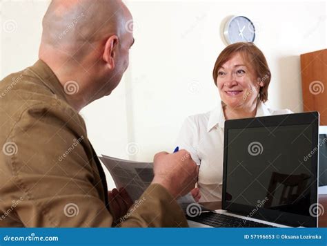 Mature Woman Answer Questions Stock Image Image Of Casual Elderly