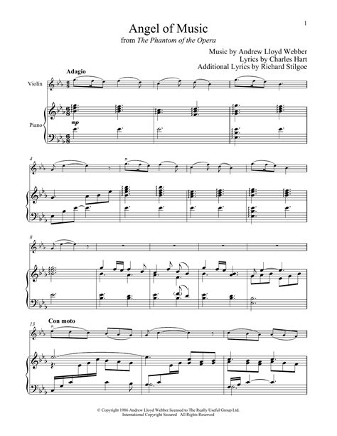 Phantom music of the night sheet music. Angel Of Music (from The Phantom of The Opera) Sheet Music | Andrew Lloyd Webber | Violin and Piano