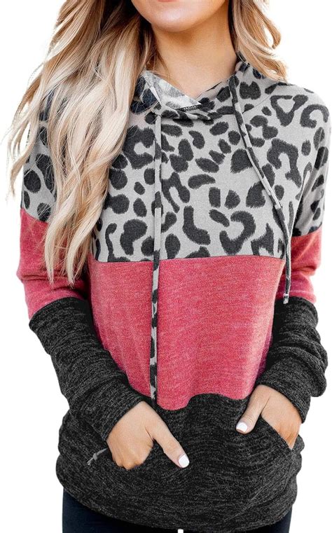 Women Leopard Print Sweatshirts Hoodie Color Block Pullover Long Sleeve